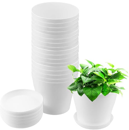 ZEONHAK 20 Pcs 14 x 10 x 12cm White Plastic Plant Pots, Round Plant Pots with 20 Saucer Drainage Holes, Flower Pot Garden Container for Plants Indoor Outdoor