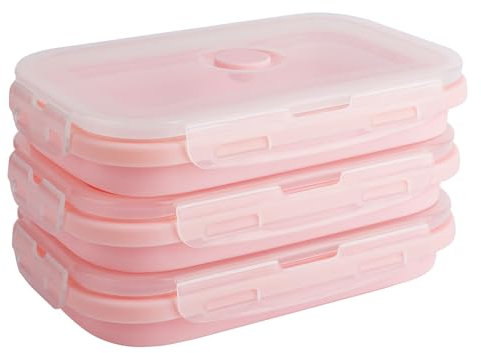OITUGG Collapsible Food Containers Set of 3 pcs - 800ml Collapsible Lunch Box - Silicone Fresh Fold Food Containers Leakproof, Designed 4 Snap-on Buckles, BPA Free, Easy Clean, Microwaveable, Pink