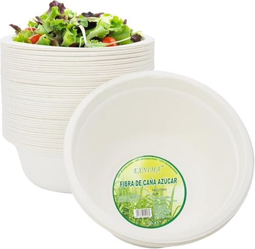 EXNIMA, Cuencos Desechables de Caña de Azúcar, Platos Hondos Biodegradables, Vajilla Ecológica, 100% Natural Redondo Resistentes, Evento, Fiestas, Barbacoa y Cumpleaños (50 PLATOS, Cuenco 350 ml)