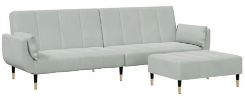 vidaXL Schlafsofa 2 Sitzer mit Fußhocker, Bettsofa mit Holzrahmen, Tagesbett für Wohnzimmer, Schlafcouch Klappsofa, Modern, Hellgrau Samt