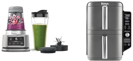 Ninja Foodi Power Nutri Blender 2-en-1, mixe des bols de smoothie et des boissons glacées, CB100EU + Ninja Double Stack XL Friteuse sans huile, friteuse verticale à 2 tiroirs, SL400EU