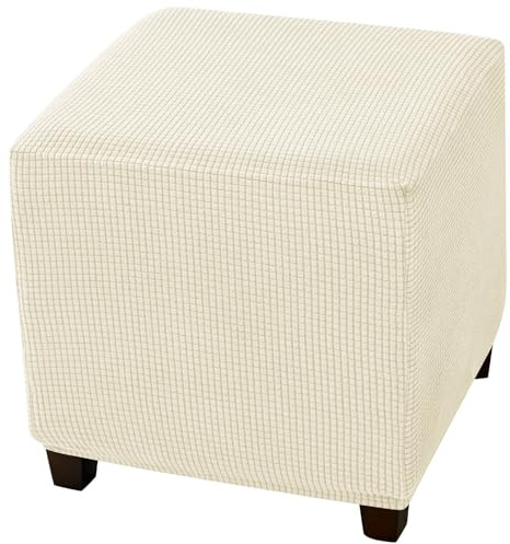 CLGTY Stretch Kariert Ottomane Schonbezug Quadratisch-Beige | Hockerbezug mit Elastischem Boden für Fußhocker, Waschbar Schutz