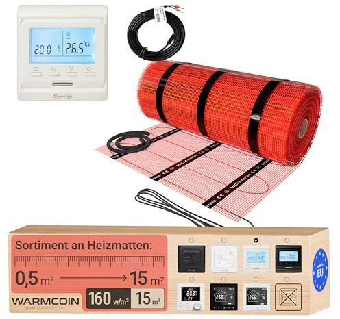 Warmcoin® Kit Complet Chauffage au Sol Électrique 160 W/m² – Trame Autocollante 15,0 m² (0,5x30m) – Pour Carrelage, Stratifié, Vinyle et Parquet – Inclut Thermostat LCD Programmable W51 Blanc