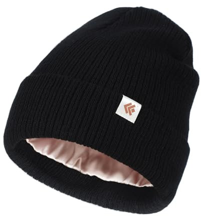 Creekstone Satin Gefütterte Wintermütze Unisex Slouchy Beanie für Haar, Warme Wollmütze Satin Lined Beanie Mütze für Damen Herren (DE/NL/SE/PL, Alphanumerisch, Einheitsgröße, B-Schwarz)