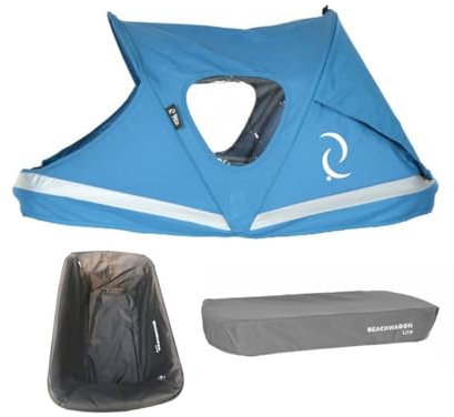 Beach Wagon Zubehörset für Bollerwagen Faltbar LITE - Hellblau Verdeck, Wannenabdeckung Hellgrau und Schwarze Schutzhülle - Strandwagen für Kinder, Haustiere und Gepäck