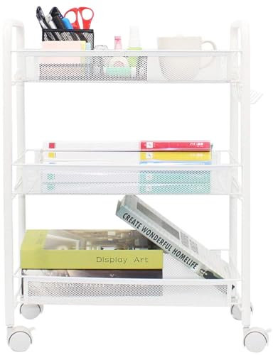 Minicoco Kitchen Storage Carts Rolling Cart Metal Kitchen Trolley On Wheels Kitchen Trolley Utility Cart for Kitchen Laundry Bathroom Easy Assemble (White)