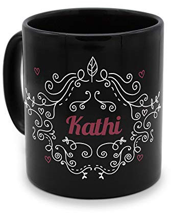 printplanet - Tasse Schwarz mit Namen Kathi - Motiv: Ornamente - Namenstasse, Kaffeebecher, Mug, Becher, Kaffeetasse