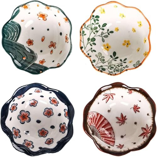Tefrine Bols à tremper en céramique en forme de fleur avec plateau, assiettes mignonnes pour sauce à sushi et plats d'accompagnement, quatre motifs différents de 10,2 cm, petites assiettes japonaises