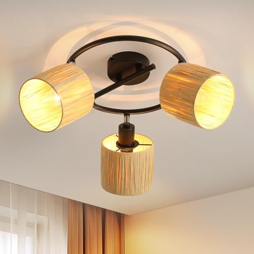 Deboola Deckenlampe 3 Flammig Deckenleuchte Boho - Rund Natur Flurlampe Vintage Küchelampe 350°Schwenkbar E14 Deckenbeleuchtung für Flur Schlafzimmer Küche Wohnzimmer Esszimmer(Ohne Leuchtmittel)