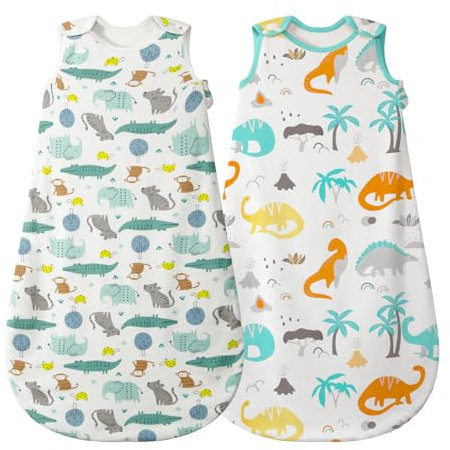Mosebears Baby Schlafsack Sommer 2-Packung, Cute Animal Cartoon waschbare Decke 0,5 tog für Mädchen und Jungen, tragbare Decke ohne Ärmel Schlafsac (Tierdinosaurier, L (12-18 Monate))