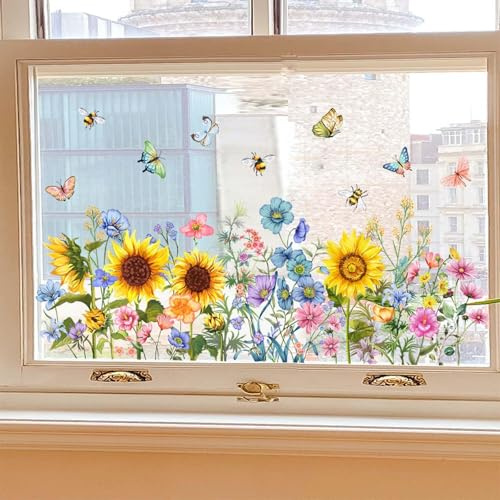 Spring and Summer Garden Flower Double-Sided Window Stickers Wild Flowers Sunflowers Bees Butterflies Stained Glass Decals Anti-Collision Stickers Spring Window Decoration Flower Window Stickers