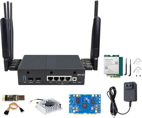 Banana Pi BPI-R4 WiFi 7 Routeur OpenWRT DDR4 4 Go/8 Go de RAM MediaTek MT7988A (Filogic 880) SoC, routeur sans fil 4G/5G, 2 x 10GbE SFP 4X GbE pour NAS Smart Home Gateway (EM05 4G, DDR4 8 Go)