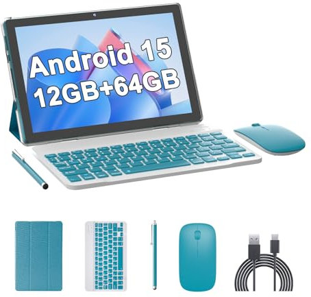 10 Inch Tablet Android 15(NOT GO) Tablets with keyboard 64GB ROM+12GB RAM(4+8 expansion) Supports 1TB Expansion 2MP+8MP Dual Camera 6000mAh 5G WiFi6 Tableta, Tablets with Mouse/Case/Stylus/USB-C Cable