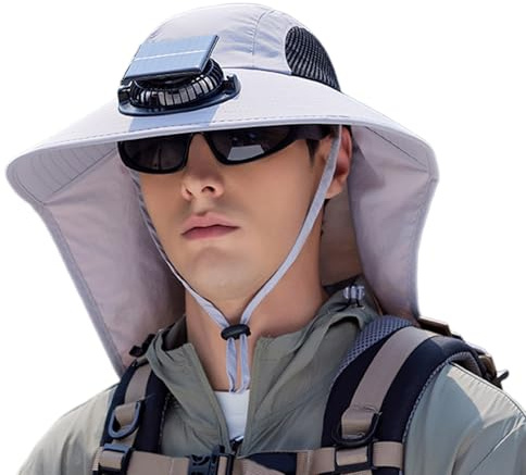 Solar Powered Fan Hat | Sun Hat with Fans Solar Power - Neck Flap USB Charging Headwear for Women Men Outdoor Hiking Travel Beach Gardening Camping Light Gray