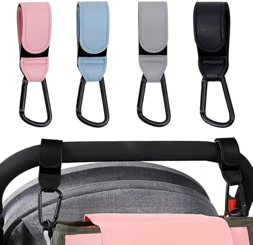 YUPZAR 4 Pezzi ganci passeggino, Moschettoni per Carrozzina Universali in Pelle, Accessori Passeggino per Porta Borse Della Spesa, Cambio Bambino, Zaini, neonato accessori utili