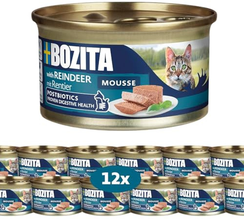 Bozita Mousse Rentier – 12x85g Nassfutter für Katzen in feiner Mousse-Textur mit Rentier - getreidefreie Rezeptur, ohne Zuckerzusatz und Farbstoffe - mit Postbiotika zur unterstüzt die Darmflora