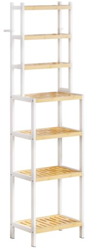 Yorbay 7 Ebenen Bambus Regal: Badregal Standregal Schmal mit Kippsicherung | 110kg Gesamttragkraft Platzsparendes Küchenregal für Schmalen Raum - Stabiles Bambusregal Weiß für Flur Balkon-Pflanzenregal