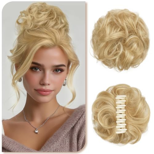 Sofeiyan Messy Bun Haarteil mit Klammer 100% Haarteile Echthaar Dutt Gewelltes Locken Clip in Claw Hair Scrunchies für Damen,Beige-Blond mit Hellblonden Strähnchen Zerzauste Echtes Haar Chignon
