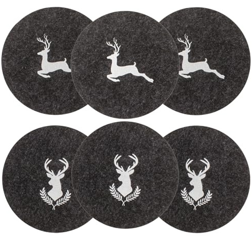 MIJOMA Filz-Untersetzer 6er Set rund mit Hirschmotiven Ø10 cm rutschfest langlebig für Gläser Tassen stilvoller Tischschutz für Küche Wohnzimmer Deko (Dunkelgrau)