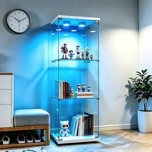 AZJSAHAH Vitrinskåp glas modernt, glasvitrinskåp stående samlarvitrinskåp vitt stående monter smalt hörnvitrinskåp med LED-glasmonter med lås glasskåp (vit, 1 dörr 3 hyllor LED-A)