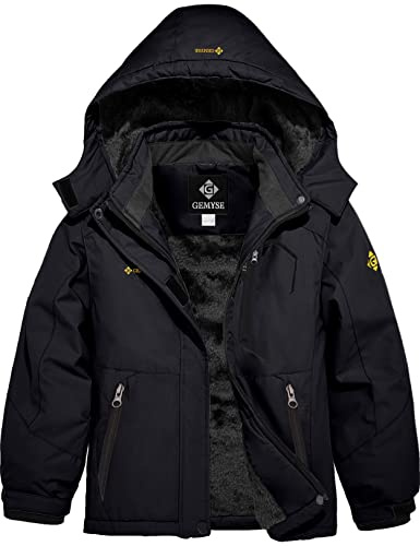 GEMYSE Veste de Ski pour Fille Enfant Manteau Hiver Chaud Imperméable Coupe-Vent avec Capuche et Doublure Polaire pour Neige et Montagne(Noir,140-146)
