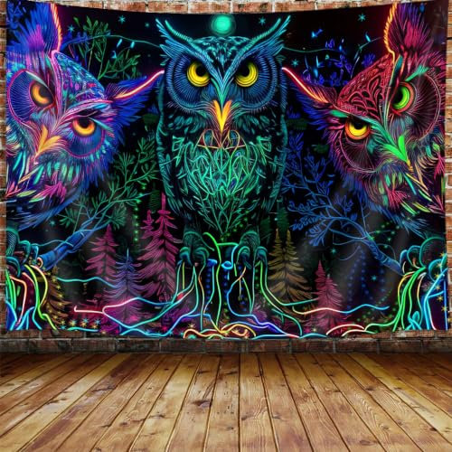 JAWO Wandteppich mit psychedelischer Eule, Trippy Forest Linienkunst, Wandbehang für Schlafzimmer, Mond, Tier, Vogel, Schwarzlicht, Heimdekoration, 203 x 152 cm