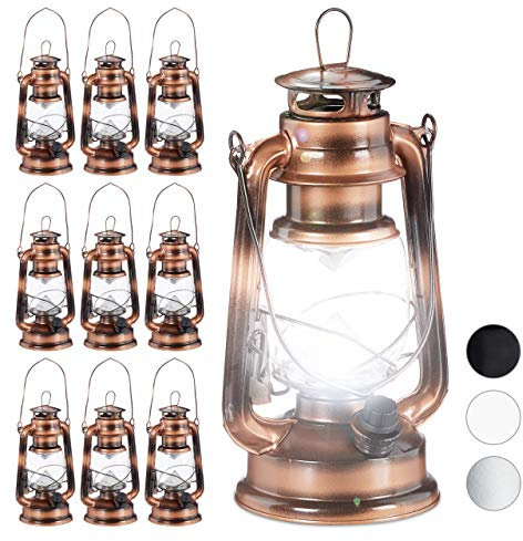 Relaxdays 10 x Sturmlaterne LED, Retro Sturmlampe als Fensterdeko oder elektrische Gartenlaterne, batteriebetrieben, Kupfer