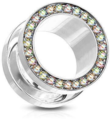 beyoutifulthings Ohr-Tunnel Zirkonia-Rand Silber Regenbogen Ohr-Piercing Edelstahl Ohr-Schmuck Screw Fit Flesh Plug Schraub-Verschluss 6mm