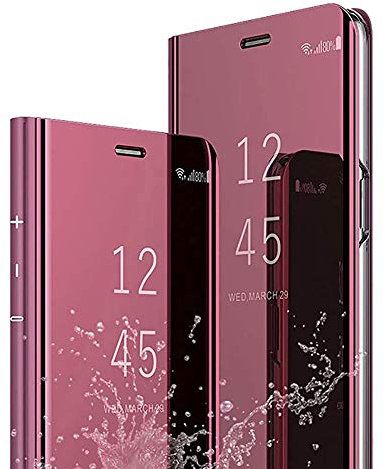 Handyhülle Kompatibel mit Samsung Galaxy S7 Edge Hülle Dünn Hart PC PU Leder Spiegel Clear View Flip Case Stoßfest Schutzhülle mit Standfunction für Galaxy S7 Edge Roségold