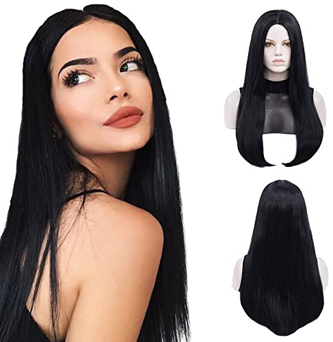 Morticia Damen 27 Lange Gerade Mittelscheide Halloween Kostüm Cosplay und Tägliche Perücke (Schwarz)