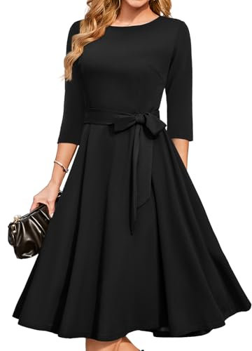 DRESSTELLS Damen Abendkleid 3/4 Arm Festliches Partykleid 1950s Retro Kleid Brautmutterkleid mit Gurtel Retro Faltenrock Knielang Midilang Abendkleid Black S