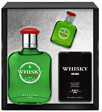 EVAFLORPARIS Whisky Origin Coffret pour Homme Eau de Toilette 100 ml + Miniature 7.5 ml + Parfum de Voyage 20 ml Vaporisateur Spray Parfum Homme 127.5 ml