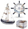 Flanacom Maritime Badezimmer Deko 3er Set - Steuer-Rad, Segel-Schiff und Schatz-Truhe aus Holz - liebevoll gestaltete Badaccessoires mit Details (Design 2-2)