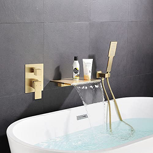 JiaYouJia Wall Mounted Bathtub Faucet Set with Handheld Shower Modern Single Handle Waterfall Spout Bath Filler Solid Brass in Brushed Gold