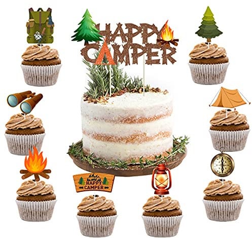 Fangleland 25 teiliges Camping Motiv Kuchenaufsatz Set, Happy Camper Kuchendekoration, Camping-Tasche, Taschenlampe, Lagerfeuer, Cupcake-Topper für Camping, Geburtstagsparty und Babyparty.