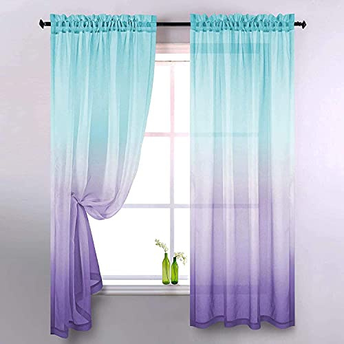 Ricemru Vorhange Farbverlauf Mint Grün Lila 2er Set Voile Gardinen Halbtransparent Bunt Vorhänge mit Rod Tasche für Kinderzimmer Wohnzimmer Schlafzimmer,132x243
