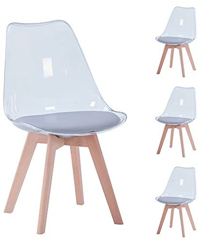 BenyLed Juego de 4 sillas de Comedor de Estilo escandinavo, diseño Retro, sillas Laterales de acrílico Transparente, Silla de Cristal con cojín tapizado de PU (Gris)