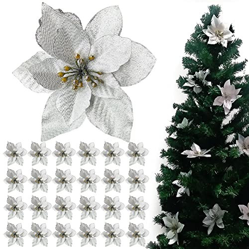 TATAFUN 24 Stücke Weihnachten Glitzer Weihnachtsstern Künstliche Blumen, Weihnachtsbaumschmuck, Hochzeit Dekorationen (Silber)