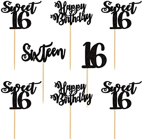 Blumomon Black Glitter 16th Birthday Cupcake Toppers Happy Birthday Sixteen Cupcake Toppers Sweet 16 Cake Decorations for 16th Birthday Sweet 16 Theme Party Supplies