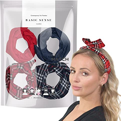 BasicSense Lot de 4 bandeaux à carreaux et fil de fer uni pour filles et femmes avec oreilles de lapin flexibles