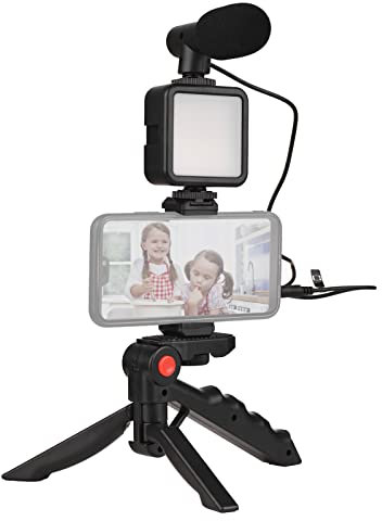 Camnoon Kit de video para teléfono, mini luz LED de video + micrófono cardioide + clip extensible para teléfono + trípode con brillo ajustable para transmisión en vivo, vlog, grabación de video