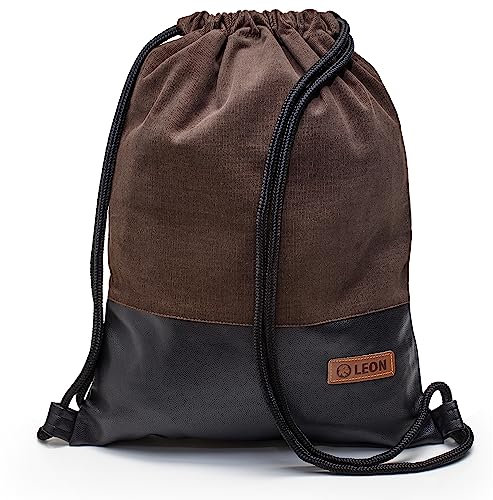 By Bers Leon großer Premium Turnbeutel mit Innentaschen Rucksack Tasche Damen Herren Teenager Gym Bag Draw String 45x34cm für Sport Reise Alltag Einkauf (TB_dklBraunKordPUschwarz)
