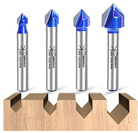 90-Grad-V-Nut-Fräser-Bits, 4 Stück, 1/4-Zoll-Schaft, C3-Karbid. Verwendung für Holzbearbeitung, flache runde Bodenrillen in verschiedenen Tiefen, Laminat, Spanplatten usw. CSOOM