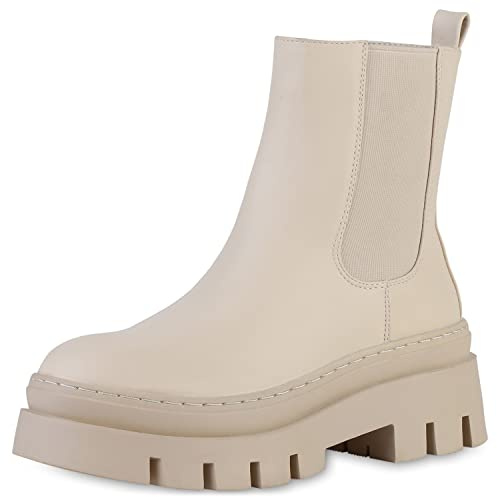 VAN HILL Damen Stiefeletten Plateau Boots mit Blockabsatz Profilsohle