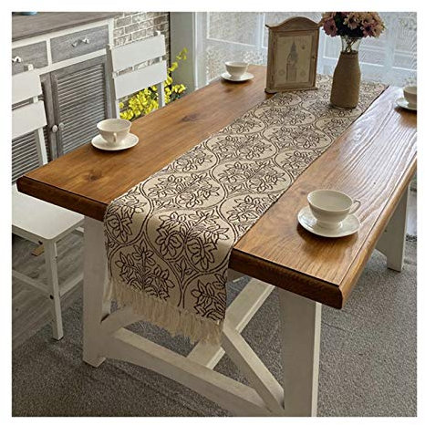 EHOMERY Jacquard Francais Tischdecke, Deko Khaki Tisch Puzzle-Blatt mit Quasten Tischläufer Cotton Linen 32x220CM