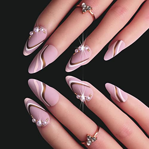 French Faux Ongles Amande, 24 Pièces Faux Ongles Blanc Wavy Press On Nails Adhesif, Perle Faux Ongles Autocollants Kit Ongle French Manucure Et Accessoires four Femme Et Fille Nail Art