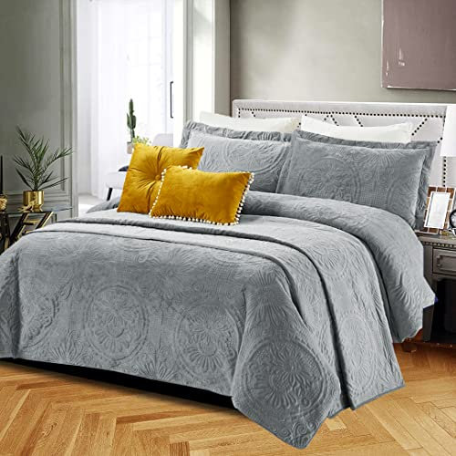 Parure de lit matelassée de luxe en velours écrasé – Couvre-lit super doux – King size – Gris