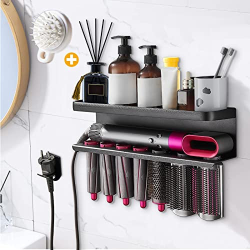 Yimerlen Airwrap Aufbewahrungshalter, kompatibel mit Dyson Airwrap Lockenstab Wandmontage, Aufbewahrungsregal Halter für Badezimmer-Aufsätze Organizer (mit Shampoo-Kamm), Schwarz