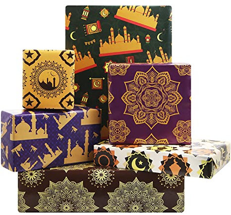 Vintage-Geschenkpapier, Ramadan Eid Mubarak, Geschenkpapier blaues Schloss, Sterne, Mond, Retro-Blume, 6 Blätter, geschenkpapier, Bastelpapier für Ramadan-Party, Geschenk, Dekoration, 70 x 50 cm