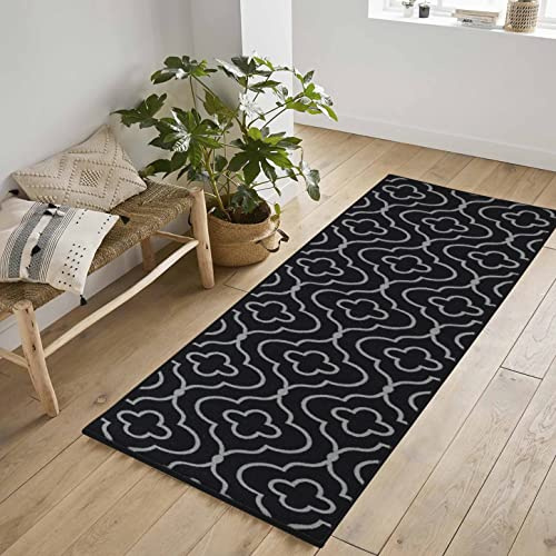 Havana Washable Non-Slip Indoor Runner Mat, Quatrefoil, Black, 67x220cm
